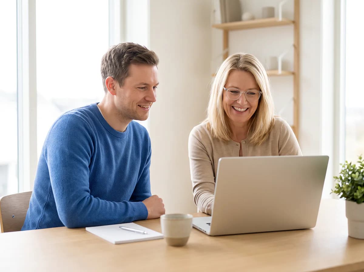 A man in a blue sweater and a colleague wearing glasses sit side by side at a wooden desk and look at her laptop, laughing.