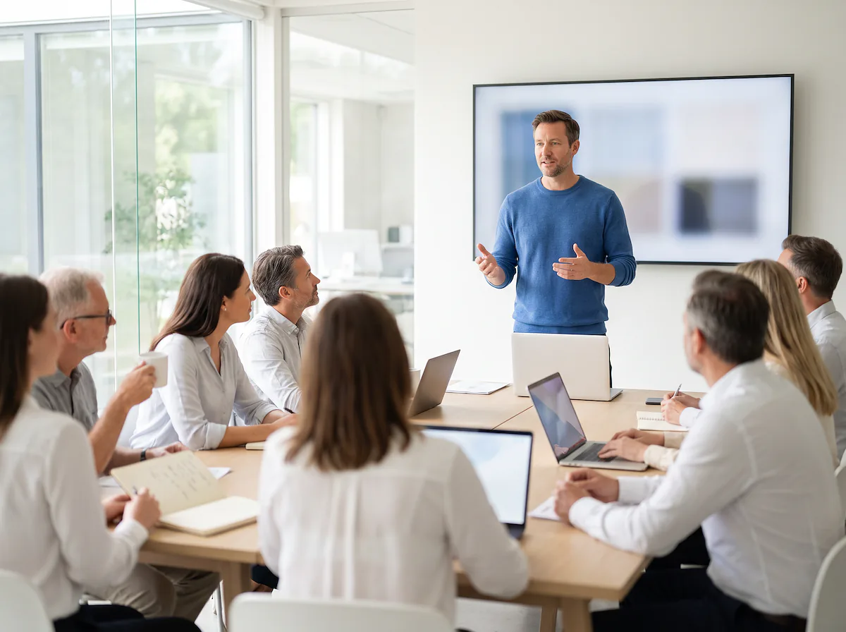 A speaker in a blue sweater stands in front of a large screen and talks to a team seated at light wooden tables.