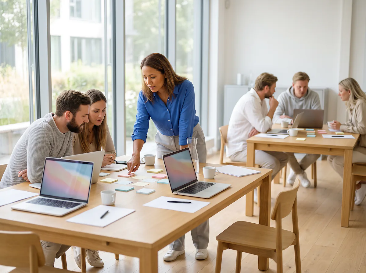 A facilitator in a blue shirt leans toward a working group and points at sticky notes, while a second group works at a laptop in the background.