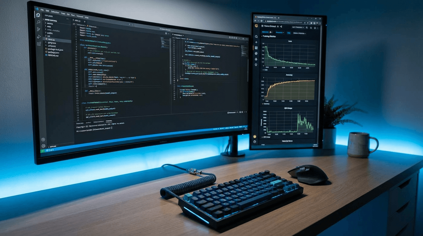 Arbeitsplatz mit zwei Bildschirmen, links Programmcode, rechts Diagramme