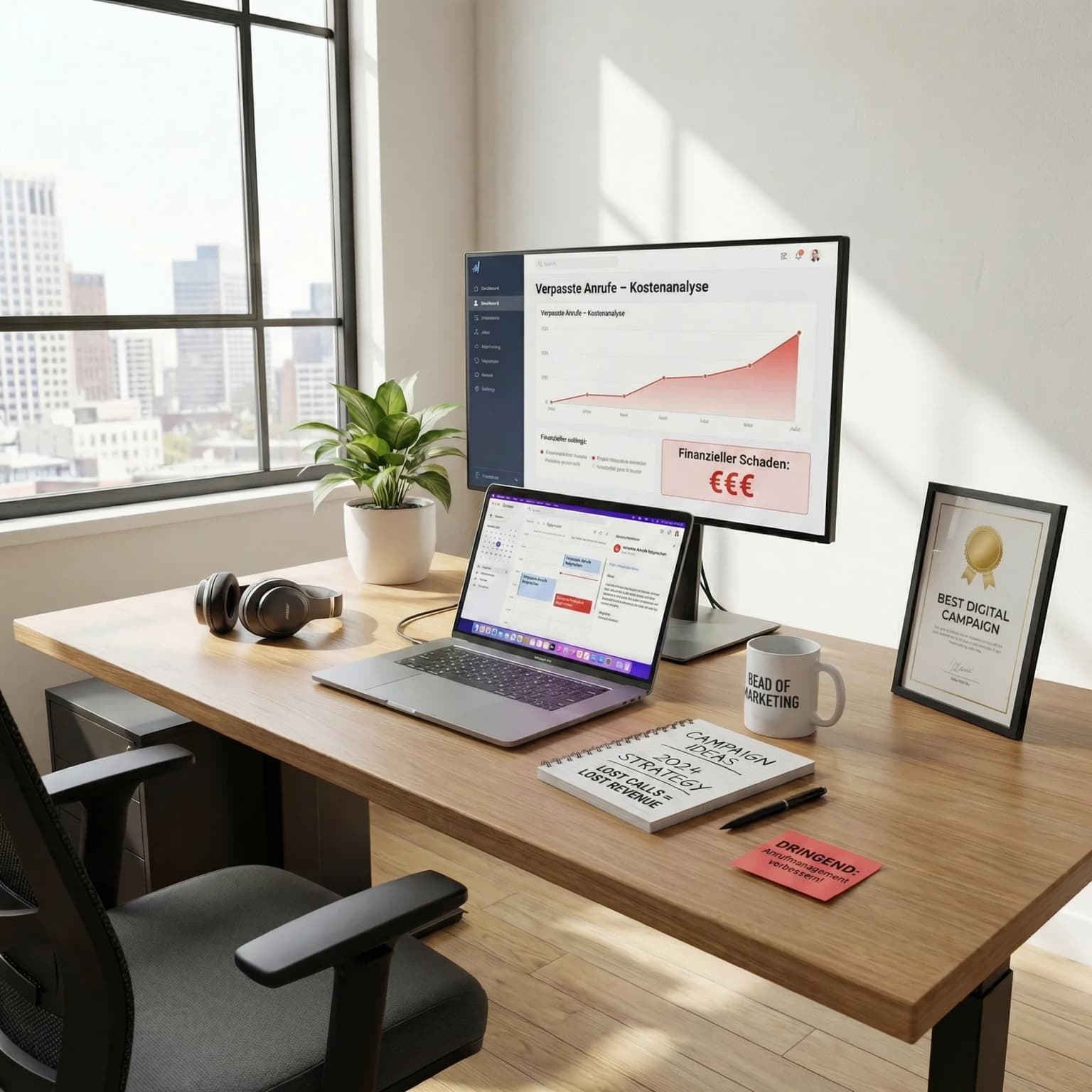 Minimalistisches Büro mit einer Person am Schreibtisch vor einem Computer und grünen Pflanzen.