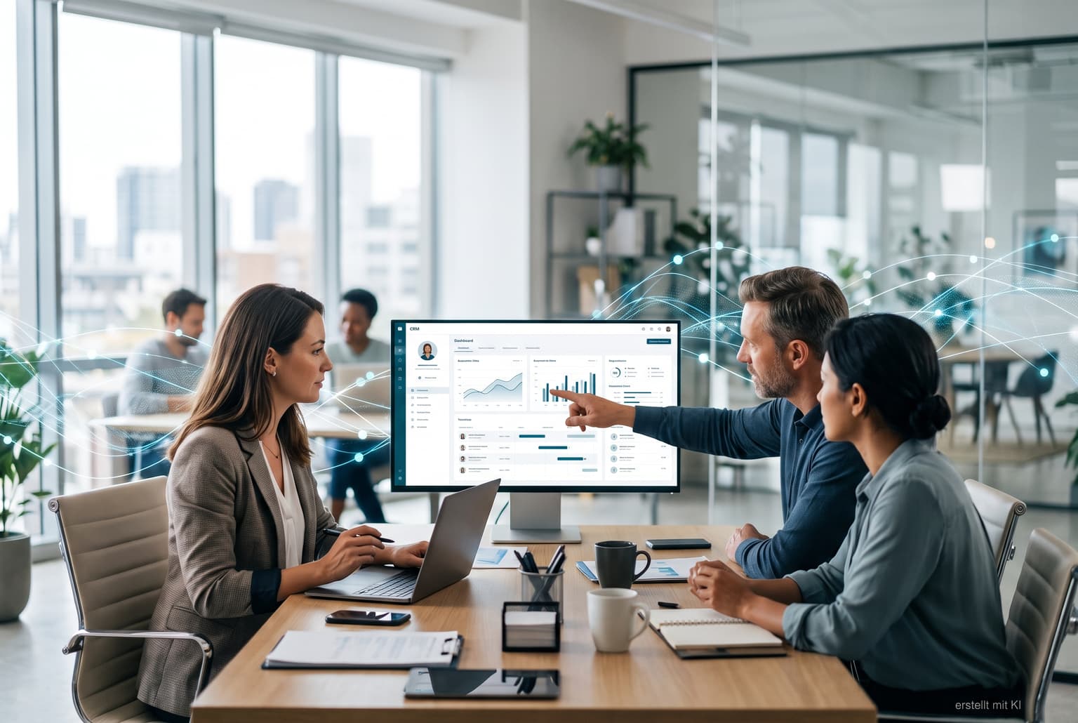 Drei Mitarbeitende besprechen im Büro ein CRM-Dashboard auf einem Bildschirm, leuchtende Datenlinien verbinden die Szene als Sinnbild für KI im CRM-Prozess