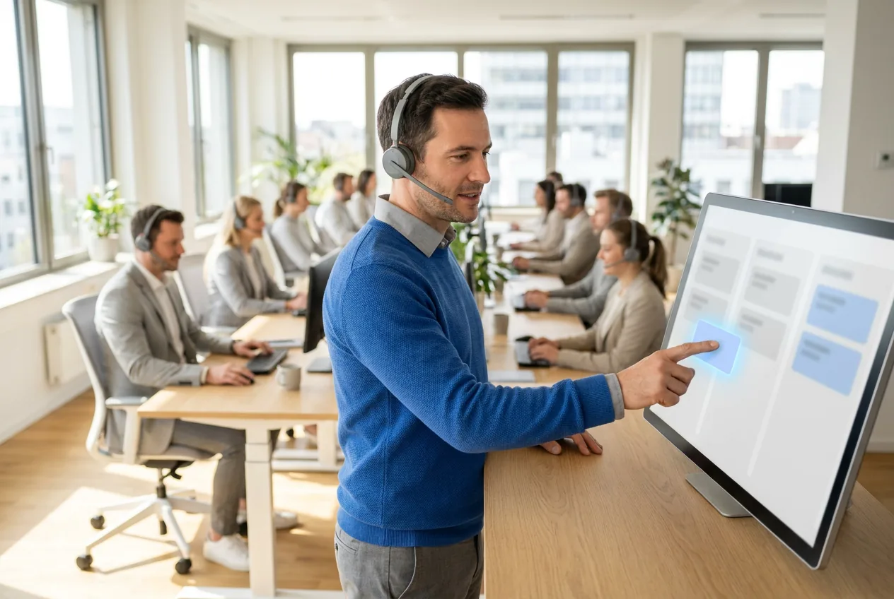 Ein Vertriebsmitarbeiter im blauen Pullover telefoniert mit Headset und schiebt an einem Touch-Monitor eine blau leuchtende Karte in der Vertriebspipeline weiter; dahinter telefonieren Kolleg:innen mit Headsets an langen Tischreihen.